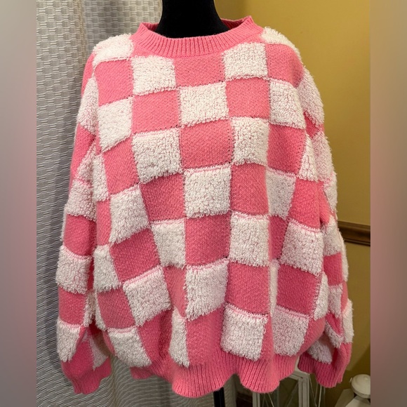 BiBi Posie Heart Pink and White Checkered Sweater - Picture 2 of 8